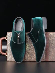 男士纯色正式西式合成纤维天鹅绒正装鞋，适合婚礼、春夏秋 - 軍綠色 - 查看 4