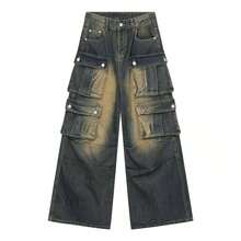 American Retro Loose Fit Straight Leg Multi-Pocket Cargo Pants For Men - Dark Wash - View 1