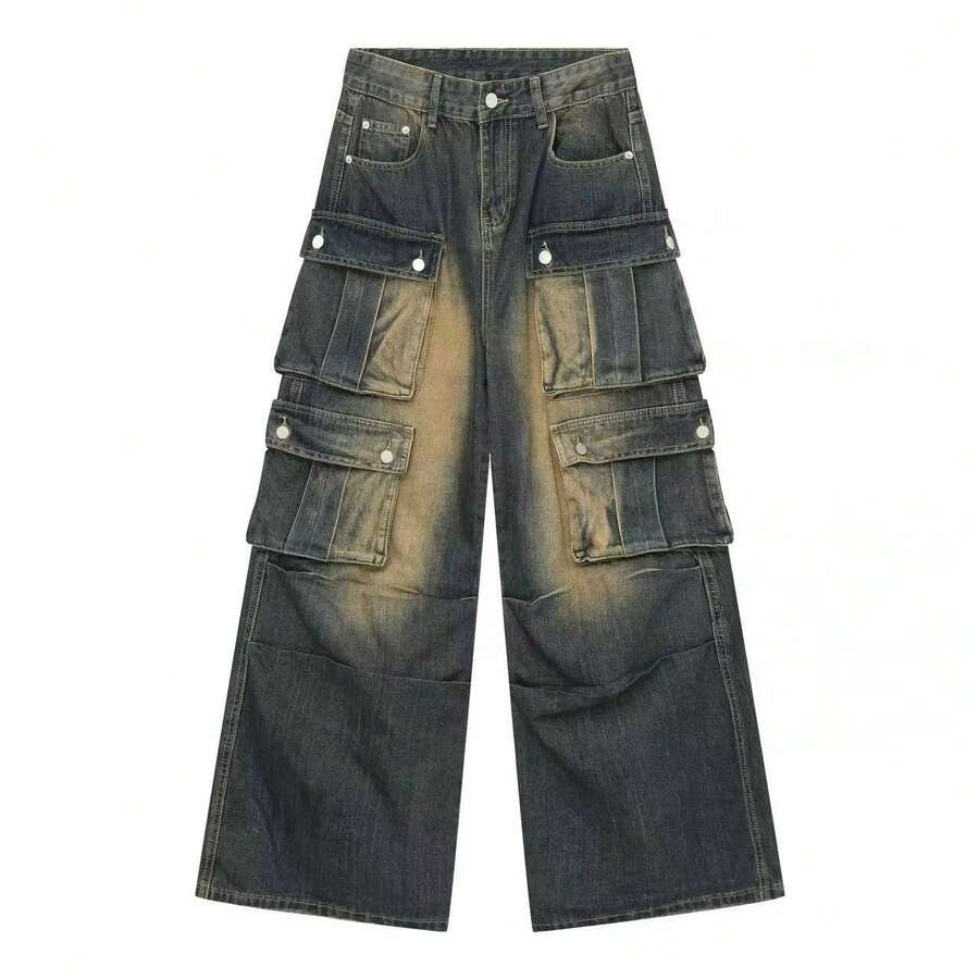 American Retro Loose Fit Straight Leg Multi-Pocket Cargo Pants For Men - Dark Wash - View 1