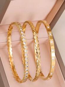 3 Peças/Conjunto Bracelete de Aço Inoxidável Banhado a Ouro 18K, Pedra de Zircônia Cúbica Curva Brilhante da Moda, Adequado para Uso Diário de Mulheres, Estilo Popular Europeu e Americano, Casual, Festa, Férias, Aniversário, Casamento, Namorada, Joia de Presente do Dia dos Namorados - Ouro amarelo - Visão 1
