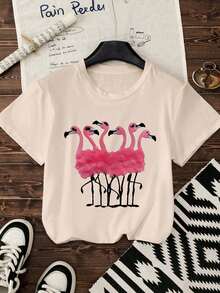 女士加大码圆领短袖T恤，动物图案印花，甜美温柔气质，修身加大码夏季上衣女款图案T恤