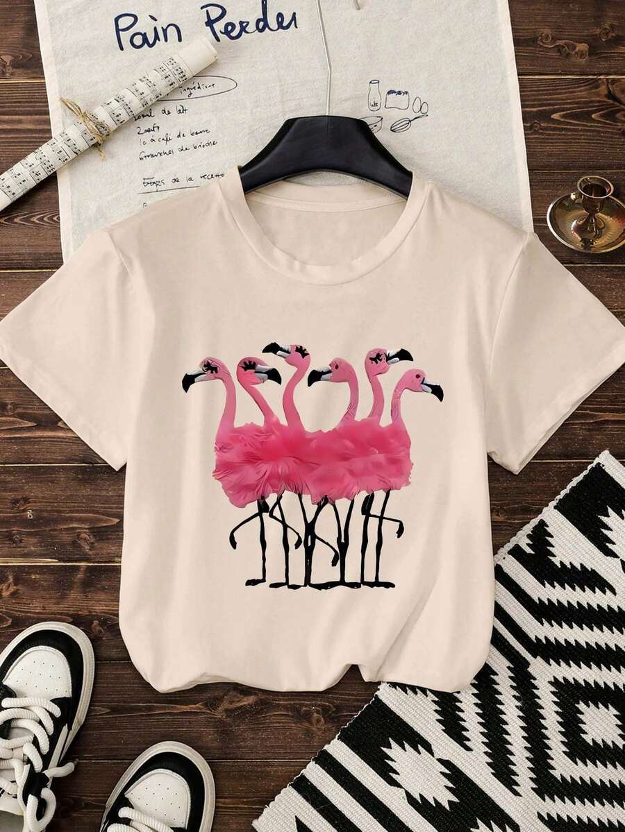 女士加大码圆领短袖T恤，动物图案印花，甜美温柔气质，修身加大码夏季上衣女款图案T恤