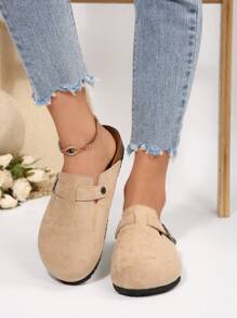 New Women's Thick Sole Round Toe Slip-On Mules, Canvas Apricot Color, Fashion Outdoor Slippers, All Season