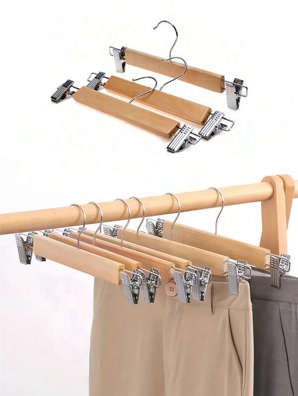 5pcs Wooden Pants Hangers, Rust-Resistant Adjustable Clips, Suitable For Pants, Skirts, Shorts, Casual Wear, Anti-Aging & Deformation