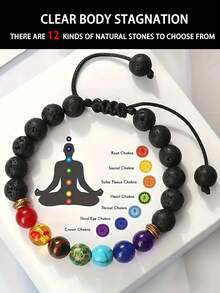 Choose 12 Natural Stones Handmade Adjustable 7 Chakra Beaded Bracelet, 8mm Natural Volcanic Lava, Tiger Eye, Turquoise Stones, Fashionable Meditation Healing Jewelry For Men And Women, Durable Rope Bracelet For Daily Wear, Perfect Spiritual Gift Or Lucky Charm - Multicolor - View 3