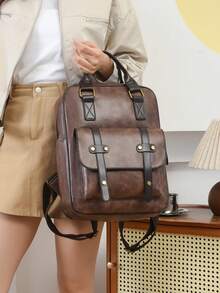 1个休闲学院风双肩包，时尚优质PU皮革，宽敞多口袋设计，大容量，带笔记本电脑隔层，拉链封口，纯色轻便书包，便携式运动包，简约休闲旅行双肩包，适合毕业生、女性和少女，也适合户外活动、旅行、中小学生和大学生，可用于徒步旅行、旅游、度假和上学。 - 咖啡棕 - 查看 5