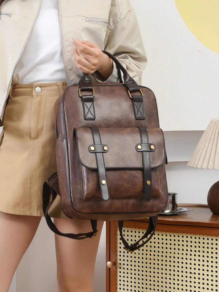 1个休闲学院风双肩包，时尚优质PU皮革，宽敞多口袋设计，大容量，带笔记本电脑隔层，拉链封口，纯色轻便书包，便携式运动包，简约休闲旅行双肩包，适合毕业生、女性和少女，也适合户外活动、旅行、中小学生和大学生，可用于徒步旅行、旅游、度假和上学。 - 咖啡棕 - 查看 5