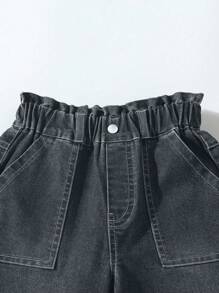 Teens Girls Casual Ruffle Waist Straight Leg Wide Leg Jeans, Suitable For All Seasons - Dark Grey - View 7