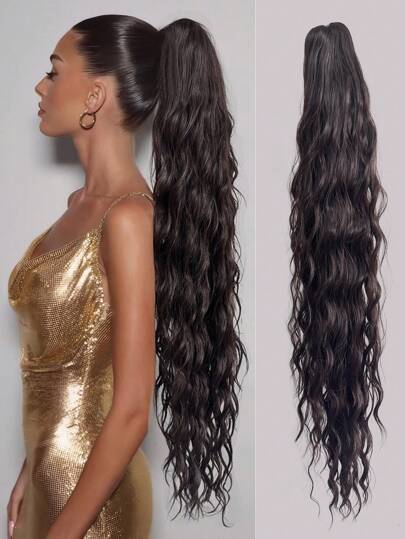 Estensioni per capelli a coda di cavallo in fibra sintetica resistente al calore, a onde d'acqua, lunghezza 32 pollici, colore marrone, per uso quotidiano di ragazze e donne