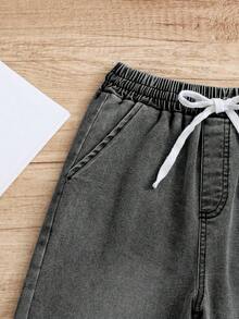 Boys' Elastic Waist Washed Relaxed Fit Casual Real Denim Long Pants, Suitable For Outings, Gatherings, And Parties, All Seasons - Dark Grey - View 5