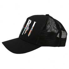 经典字母卡车帽，街头嘻哈黑星棒球帽，休闲户外网眼可调节老爹帽，男女通用 - 黑與白 - 查看 2