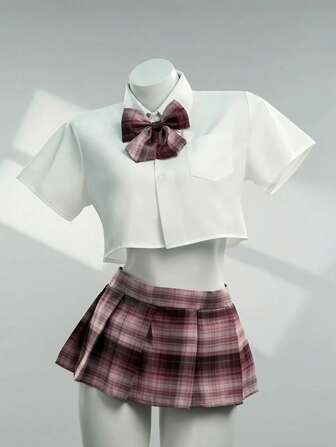 1set (Blouse*1+Skirt*1+Bow*1) Role Playing Japanese Style Plaid Crop Top JK Uniform, Suitable For Photo Shoot & Gift