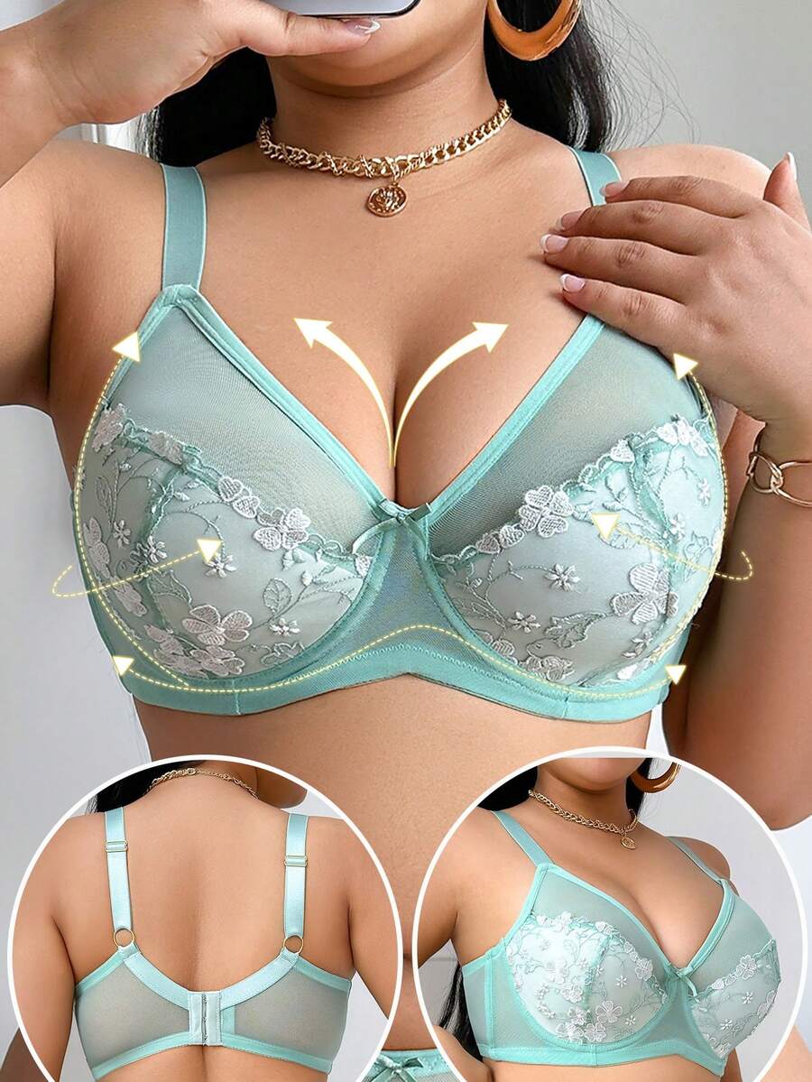 Áo ngực thép thoải mái cỡ lớn dành cho nữ có thêu trang trí, mặc hàng ngày - Màu xanh Bạc hà - Xem 1