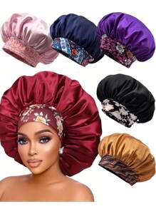 1 pieza Gorro de seda para dormir de mujer con ala ancha, banda elástica y estampado aleatorio, gorra suave de seda para cabello rizado