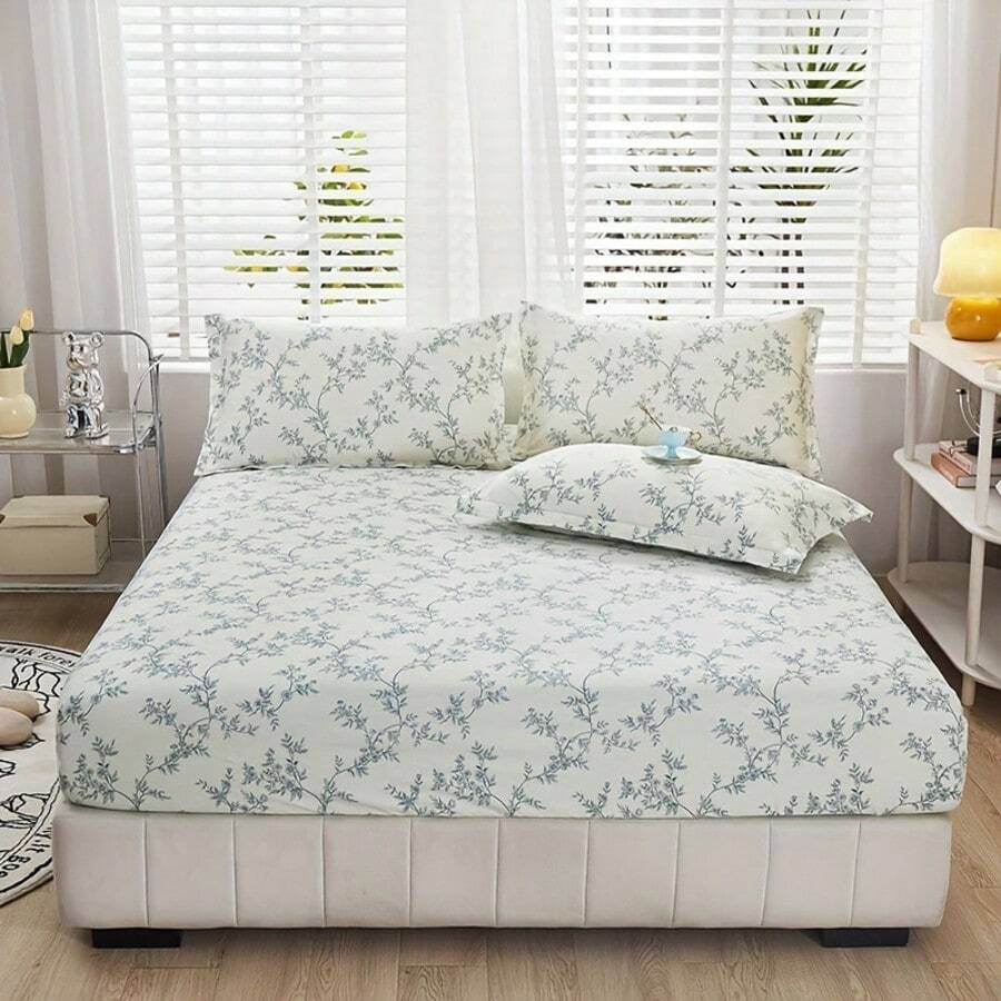3pcs Floral Print Fitted Sheet And Pillowcase Set(1 Fitted Sheet And 2 Pillowcases, No Pillow Inserts),Breathable All-Season Bedding Mattress Protectors With Woven Flower Pattern, Machine Washable Sheets With Pillowcases