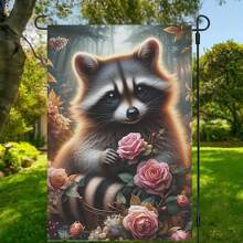 1 Süßer Waschbär 2D Garten City - Beständige Polyesterfaser, mit leuchtend rosa Rosen und sonnigen Waldszenen auf einer Seite Muster, perfekt für Sommerdekoration im Garten, Outdoor-Banner, 30 * 45cm/70 * 100cm, Outdoor-Gartendekoration | Verspieltes Tiermotiv | Strapazierfähiger horizontaler Outdoor-Banner, Waschbär Deko Fotorequisite