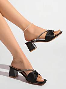 2025 New Rhinestone Strap Open Toe Satin Slippers, Sexy Stiletto High Heel Elegant Sandals For Women