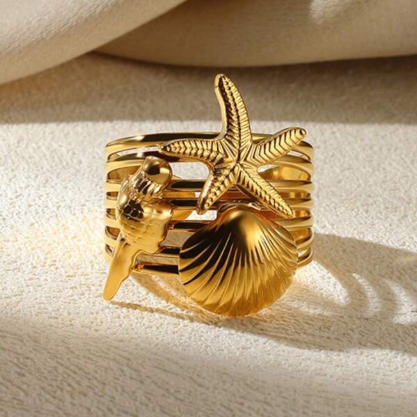 1pc Stainless Steel Beach Themed Ring With Starfish, Shell & Conch, Suitable For Women's Everyday, Vacation, Date, Gift