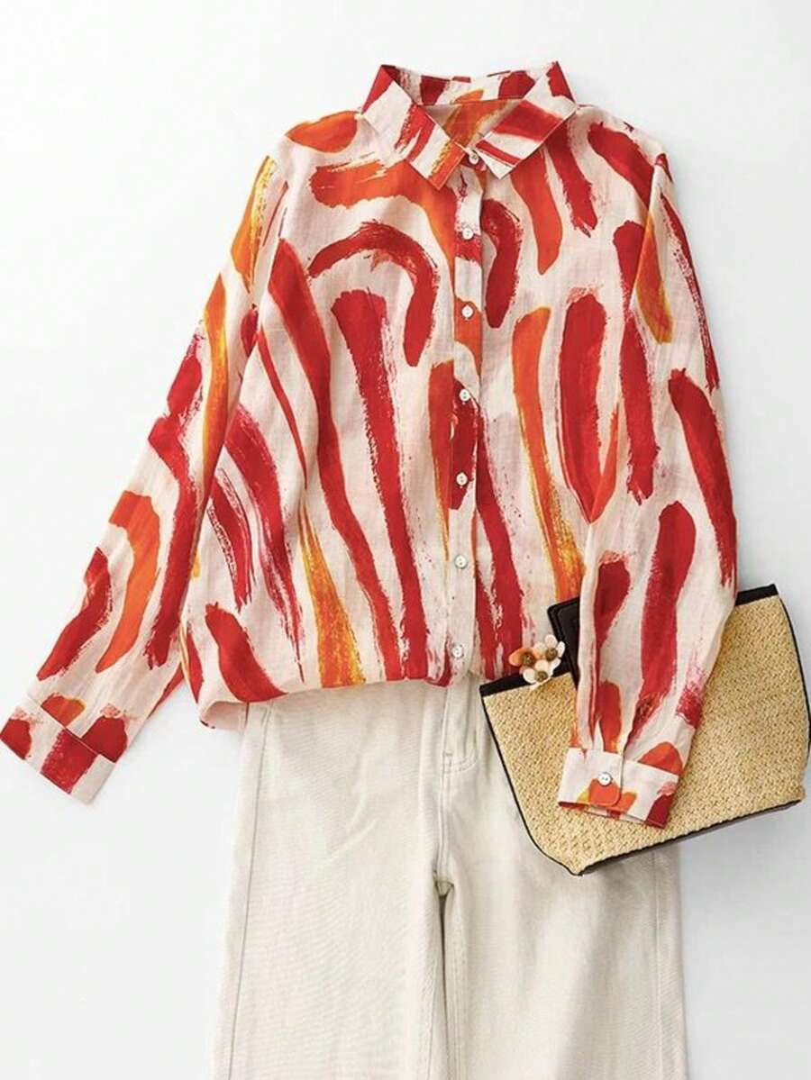 Women's Leisure All-Over Print Long Sleeve Shirt, Vacation Style