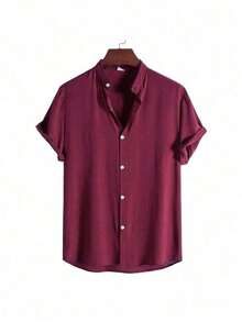 Men's Short Sleeve Linen Dress Shirt With Priest Collar - Summer Shirt - Cool Shirt - Beachwear - 酒紅色 - 查看 1