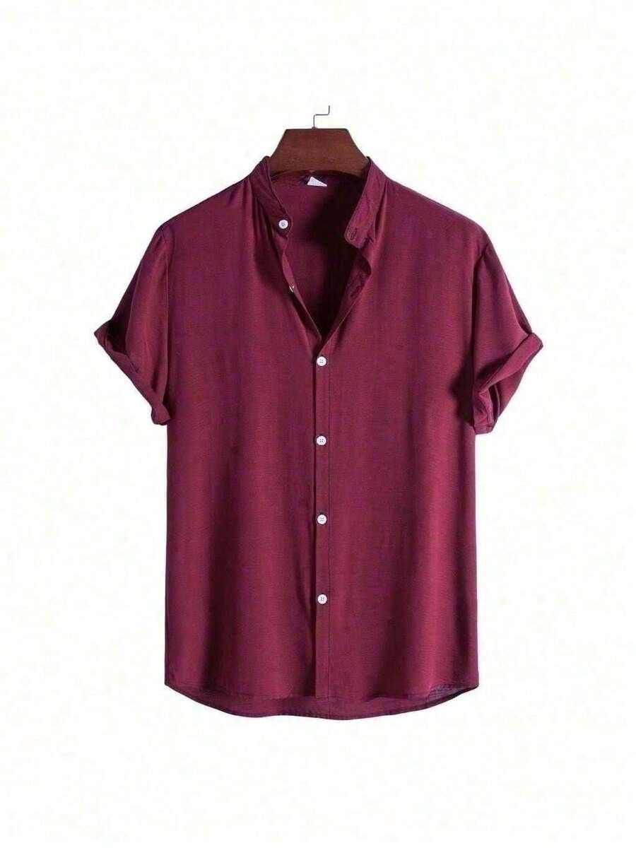 Men's Short Sleeve Linen Dress Shirt With Priest Collar - Summer Shirt - Cool Shirt - Beachwear - 酒紅色 - 查看 1
