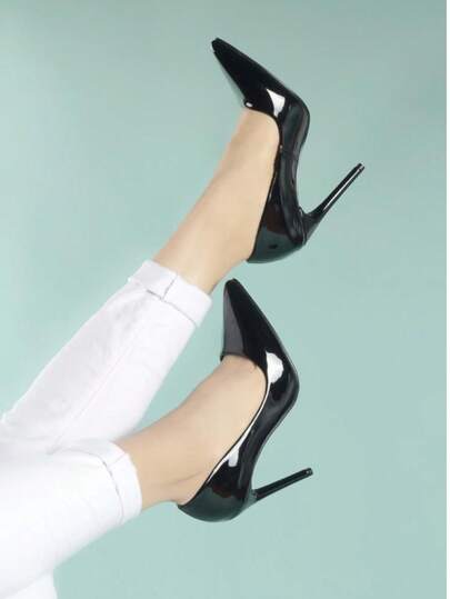 Zapatos de tacón de mujer con punta elegante de recubierto artificial negro, stilettos de tacón alto