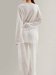 A Set Of Plain-Colored Semi-Transparent Fabric V-Neck Lace Long-Sleeved, Waist-Tied Straight-Leg Pants For Home Pajamas - 白色 - 查看 6
