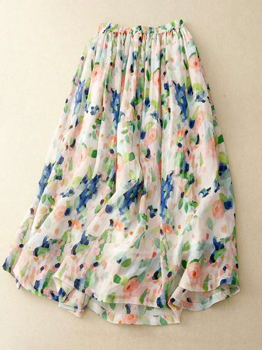 Women's Floral Print Elastic Waist Flare Skirt, Spring Autumn - Multicolor - View 1