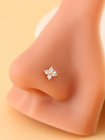 1pc Synthetic Cubic Zirconia L-Shaped Nose Stud, Clover Design, Vintage Elegant Style Minimalist, Suitable For Daily, Vacation, Party Wear, Thanksgiving Gift For Family & Friends