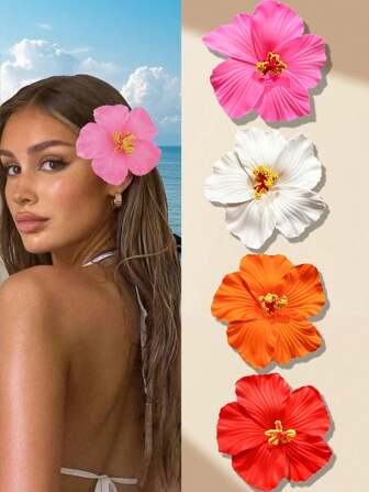 4pcs Hawaii Flower Hair Clips, Suitable For Women, 4 Pieces Artificial Flower Hair Clips, Hibiscus And Lotus Flower Hair Clips, Suitable For Beach Party, Tropical Flower Hair Accessories For Summer, Great Gift For Girls ,Flat Claw Clip, Hair Slide, Hair Claws, School Stuff