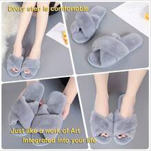 Local Delivery--LZLER Women's Cross Band Slippers, Soft Plush Fleece Lightweight Non Slip Open Toe Flip Flop Shoes House Indoor Outdoor Fur Fuzzy Slippers - 灰色 - 查看 4