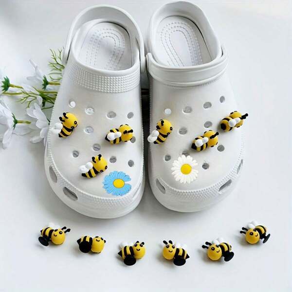 6/8/12/14 Stücke Bienen & Sonnenblumen Samen, Blumen, Krokodil Schuh Charms, süßes Design für offene Clogs, Strandtaschen Deko, DIY Schuhe, PVC Tier-Themen Schuh Ornamente, geeignet für Sandalen und Pantoffeln, Gartenschuhe, Weihnachtsstrumpf Füller, Partybegünstigungen, Abschlussgeschenke