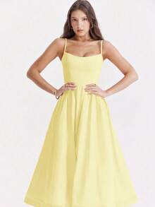 Vestido de fiesta elegante de verano con cuello en U, drapeado y bajo acampanado de unicolor - Amarillo - Ver 5