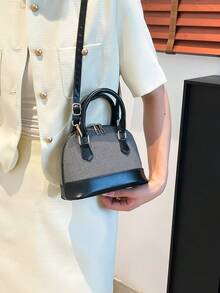 绗缝双提手圆顶包，简约设计拉链单肩包，纯色PU皮革斜挎包，便携式手提包