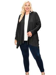 Plus Size Casual Long Sleeve Drape Open Front Cardigan Lightweight Comfortable Layer  Plain    Casual  Boho    Asymmetrical - 黑色 - 查看 5