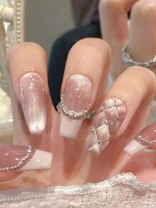 [10pcs Pink Diamond False Nails] 10pcs Handmade Pink Polka Dot Pearl Chain Diamond Grid False Nails Gentle Sweet Cat Eye French Wear Nails For Daily Dating Festival Medium Long Trapezoidal Detachable Suitable For Nail Art DIY Enthusiasts Ladies And Girls As Gifts