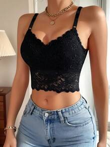 2 piezas Bralette de encaje de unicolor, Sujetador deportivo informal tipo top corto para mujeres, Camiseta de tirantes finos, Apta para todas las estaciones