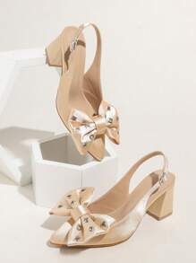 Yellow Backless Bow Pointed Toe Chunky Heel Shoes For Women