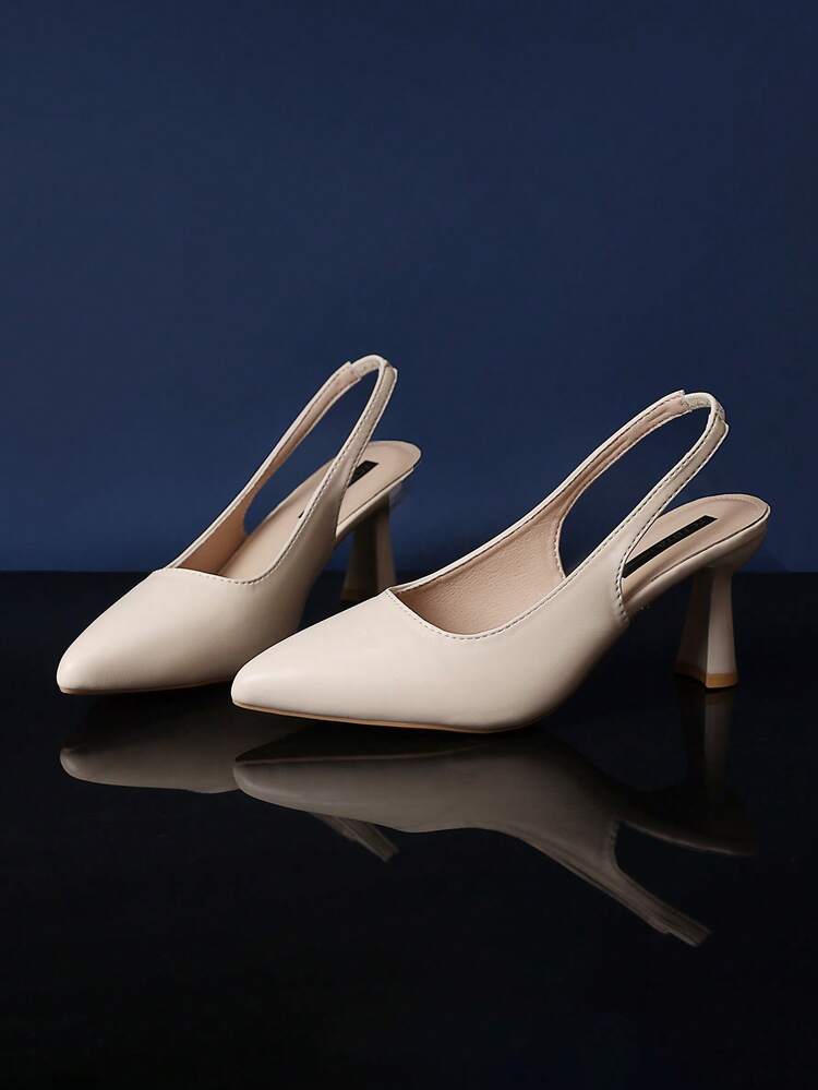 1 par de sandalias de tacón alto de punta afilada en color beige para adolescentes, de material de piel sintética (PU) de unicolor con parches, con correa elástica en el tobillo, tacón de aguja, sandalias de moda de lujo adecuadas para uso diario, viajes, fiestas, trabajo, nuevas llegadas de verano - Beis - Añade 2