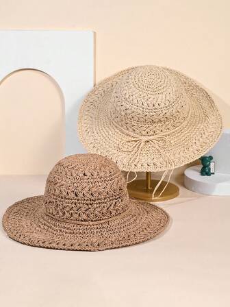 1pc Women's White Wavy Beach Sun Hat With Bowknot, Elegant For Seaside Travel And Vacation