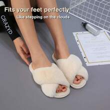 Local Delivery--LZLER Women's Cross Band Slippers, Soft Plush Fleece Lightweight Non Slip Open Toe Flip Flop Shoes House Indoor Outdoor Fur Fuzzy Slippers - 米色 - 查看 3