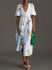 新款时尚随机印花 V 领可爱泡泡袖宽松休闲女装，波西米亚风格度假连衣裙，春夏 - 淺藍色 - 查看 10