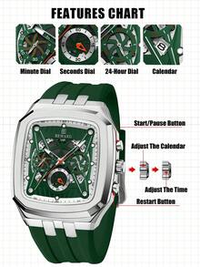 REWARD 男士石英表商务时尚计时日历夜光指针多功能男士腕表高品质礼物经典设计硅胶表带 - 綠色 - 查看 7