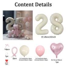 69 Stücke Elfenbein-Zahl-Ballonsatz, enthält 32 Zoll (81,28 cm) elfenbeinfarbeneFolie Ziffernballons, beige und hellrosa runde Latex-Ballons mit rosa Schleifen-Deko, geeignet für Jahrestag, Geburtstag, Hochzeit, Abschluss, Feiertag und Partydekoration