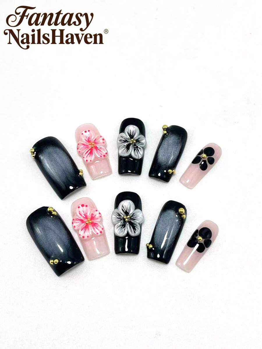 Handgefertigte 2,5 Quadrat-Nagelkunst, handgemachter Nagellacktest-Farbverlauf mit handgezeichnetem Strass-Spiegeleffekt-Pulver, kleine Blumenhandwerkskunst, handgefertigte 3D-Nagelkunstplastik, Kirsche Schleife Handwerk, modisch und vielseitig, geeignet für verschiedene Anlässe, das ganze Jahr über tragbar, kann als Geschenk für Freunde, Freundinnen, Verwandte verwendet werden und für Neujahr, Valentinstag und Geburtstag wiederverwendet werden.
