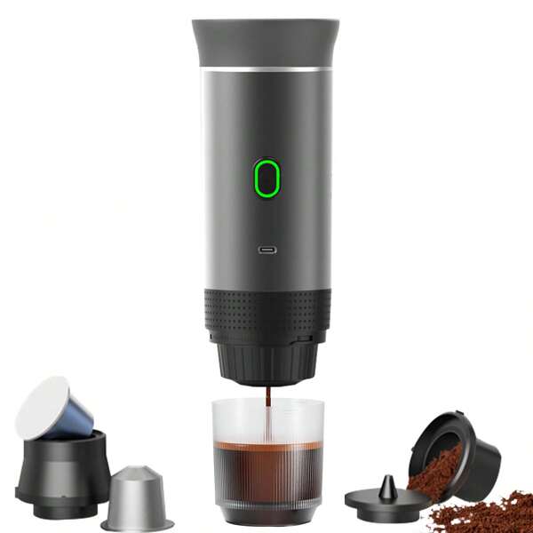 Máquina de espresso portátil, cafetera automática con calefacción y conexión tipo C, compatible con café molido y cápsulas NS, apta para viajes, autocaravanas, senderismo, camping y uso en la oficina. Equipo de café para camping | Diseño cilíndrico elegante | Body de plástico resistente, Coffee Bar