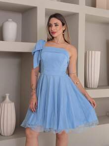 Short Luxury Party Dress With Glitter And One Shoulder Bow - 淺藍色 - 查看 4