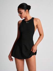 TCVC Women's Crisscross Back Racerback Bodycon Sports Dress, Solid Color, Round Neck, Tennis Dress For Indoor & Outdoor Sports, Yoga, Skin-Friendly Fabric, Slimming Silhouette - 黑色 - 查看 2