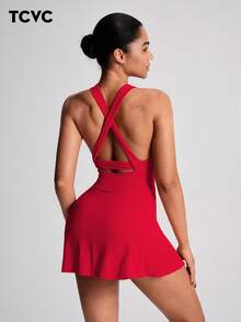 TCVC Women's Camisole Active Dress, Crossback Design With Built-In Shorts, Tennis Dress With Round Neck, Suitable For Indoor/Outdoor Sports, Yoga, Skin-Friendly Fabric, Tight Shaping Silhouette