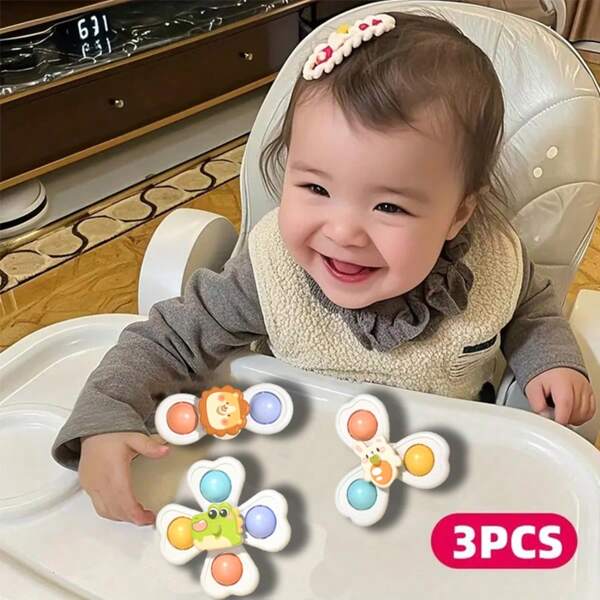 3pcs/Set Cartoon Spinning Top Toys, Attractive Attention Toys For Toddlers To Use On Desks, Glass, And Ceramic Walls, Bath Toys, Ideal Birthday Gifts For Boys And Girls